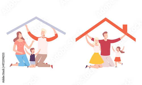 Happy Family with Father, Mother and Little Kids Under Home Roof Protection Vector Set
