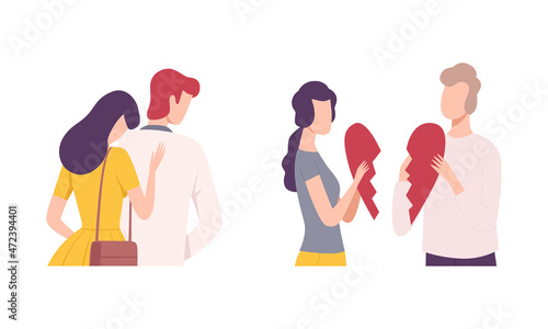 Couple Trying to Save Love and Feelings Holding Two Parts of Heart Vector Set