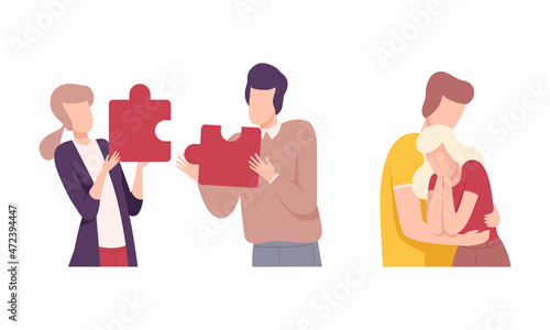 Couple Trying to Save Love and Feelings Holding Two Jigsaw Puzzle and Crying Vector Set