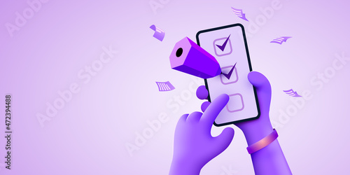 3d cute Hand holds smartphone with checklist or wishlist and pencil. Planning concept.