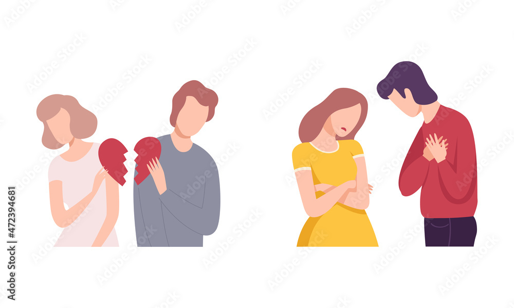 Couple Trying to Save Love and Feelings Holding Two Parts of Heart Vector Set Couple Trying to Save Love and Feelings Holding Two Parts of Heart Vector Set