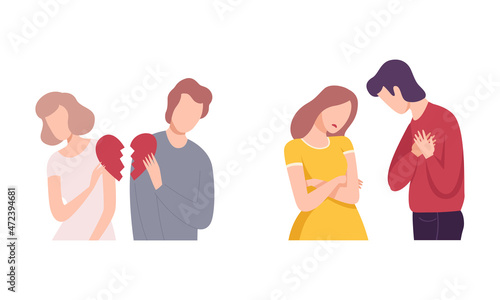 Couple Trying to Save Love and Feelings Holding Two Parts of Heart Vector Set