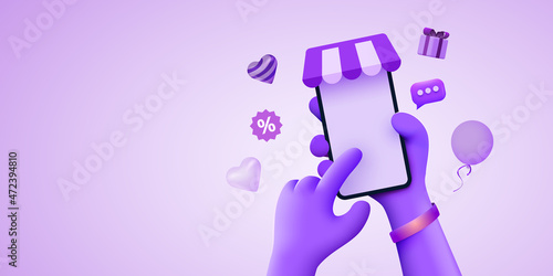 Hand holding mobile smart phone with shopp app. Online shopping concept.