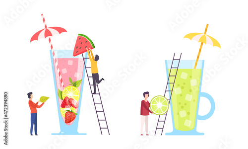 Tiny People Character Making Cocktail Putting Ingredients Into Huge Glass with Ladder Vector Set