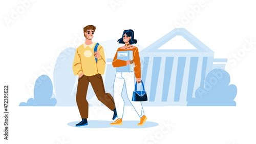 Students Walking In College Campus Together Vector. Boy And Girl With Rucksack And Book Walk In College Campus And Go At Lecture Or Seminar. Characters University Education Flat Cartoon Illustration
