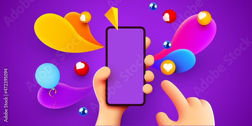 Holding phone in two hands. Phone mockup. Color explosion. Touching screen with finger.