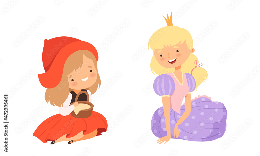 Fairytale Character with Princess Wearing Crown and Little Red Riding Hood with Basket Vector Set Fairytale Character with Princess Wearing Crown and Little Red Riding Hood with Basket Vector Set