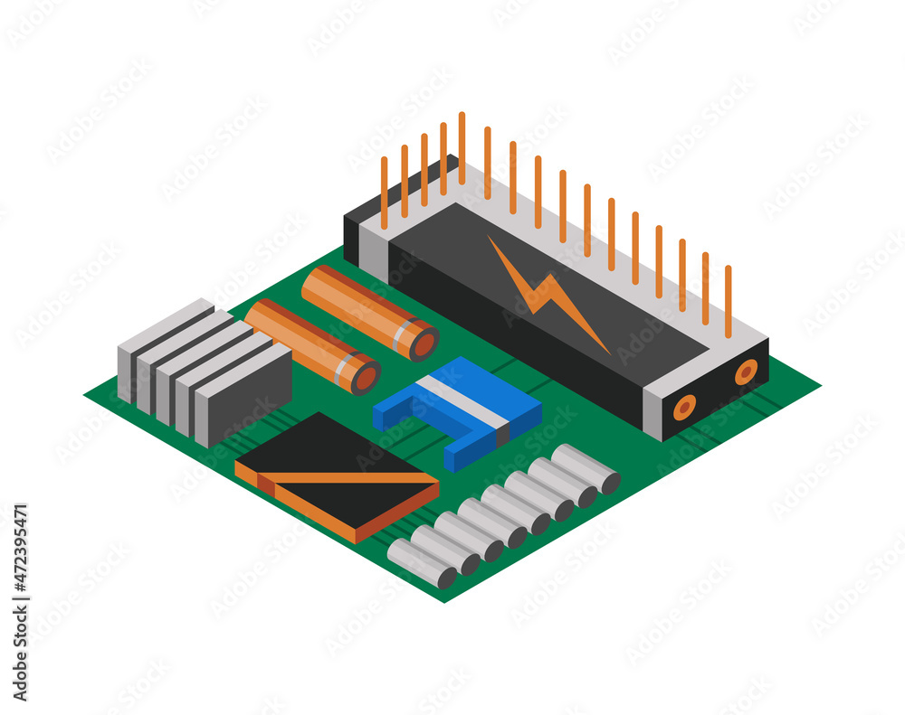 Isometric circuit board with electronic components. Computer chip technology processor circuit and computer motherboard information system. Technology equipment device concept