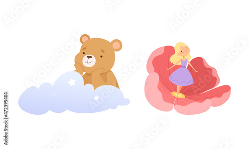 Canvas Print Fairytale Character with Winnie-the-Pooh on Cloud and Thumbelina in Flower Cup V