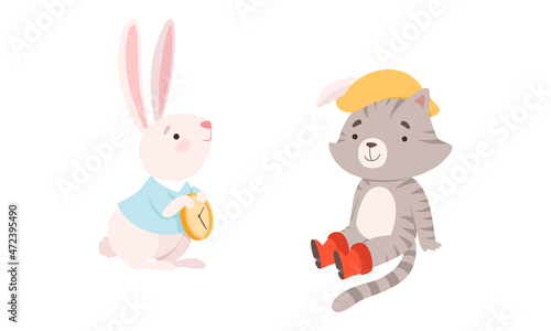 Fairytale Character with Rabbit Holding Clock and Pussy in Boots Vector Set
