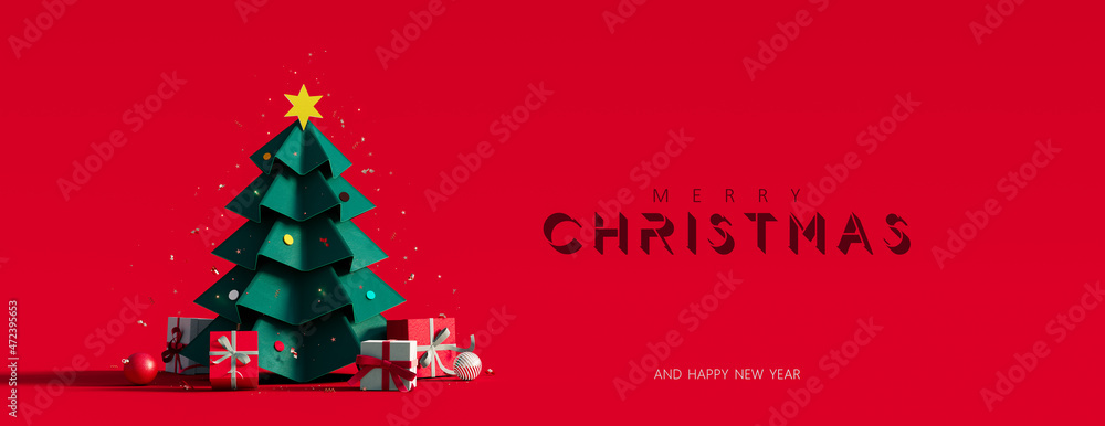 Green paper Christmas tree with text and decoration on red background 3D Rendering, 3D Illustration