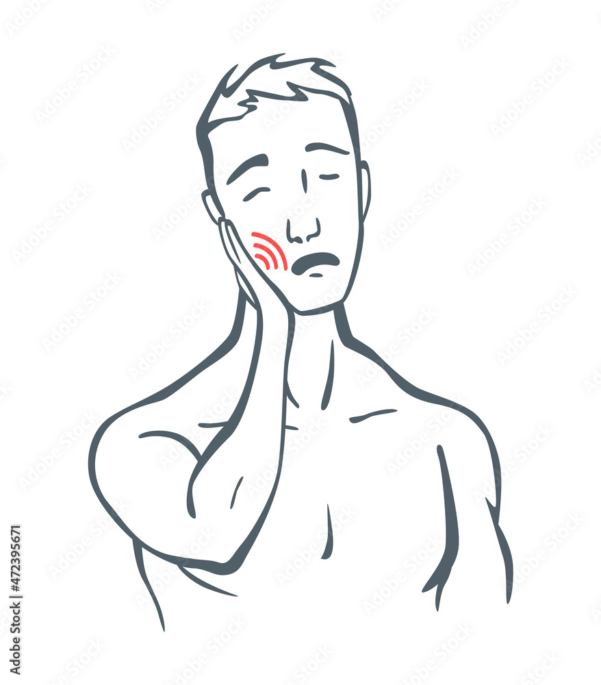 Body part pain. Man feels toothache marked with red lines. Vector foci of pain or trauma symbols, grey art line illustration Body part pain. Man feels toothache marked with red lines. Vector foci of pain or trauma symbols, grey art line illustration
