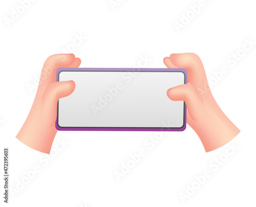 Cartoon hands with phone. Human holding phone with empty screen. Mock up of social network communication on mobile app using touch gesture. Digital device