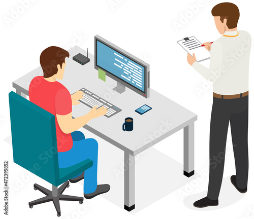 Man sitting and typing on computer. Boss standing near employee and controlling process of working. Director controls work of subordinate and makes notes in clipboard. Male team working with computer