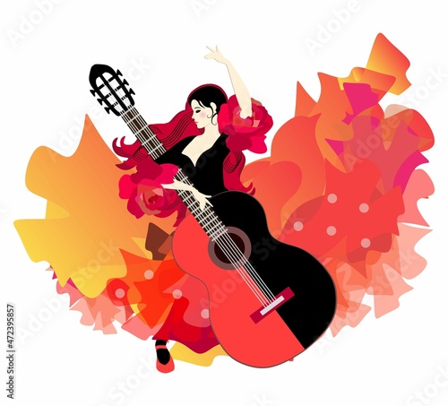 A cute Spanish girl in a beautiful black and red dress is dancing flamenco with a big black and red guitar. Wonderful vector illustration isolated on white background.