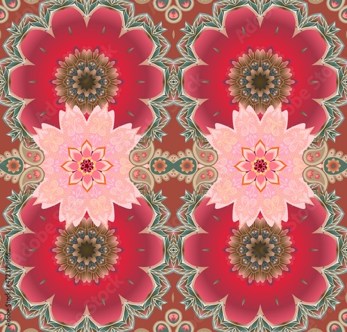 Amazingly beautiful seamless ornament in oriental style. Paisley and large bright mandalas. Fabric swatch, floor or wall carpet, yoga mat, mural paper.