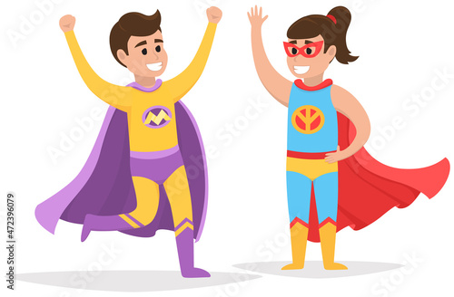 Strong super man and super woman smiles and flies to save world stretched out his hand. Brave character in superhero costume with cloak. Cartoon person hurries to protects people from villains