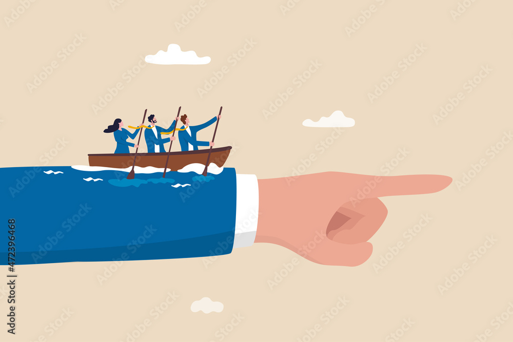 Team direction, business decision or leadership, guidance or strategy to achieve success, determination and inspiration concept, business people team members sailing ship on boss pointing direction. Team direction, business decision or leadership, guidance or strategy to achieve success, determination and inspiration concept, business people team members sailing ship on boss pointing direction.