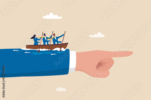 Print op canvas Team direction, business decision or leadership, guidance or strategy to achieve success, determination and inspiration concept, business people team members sailing ship on boss pointing direction