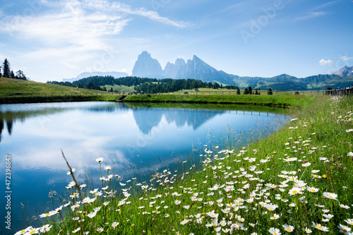 Summer mountain landscape in the Alps with rugged peaks reflecting in alpine lake photo