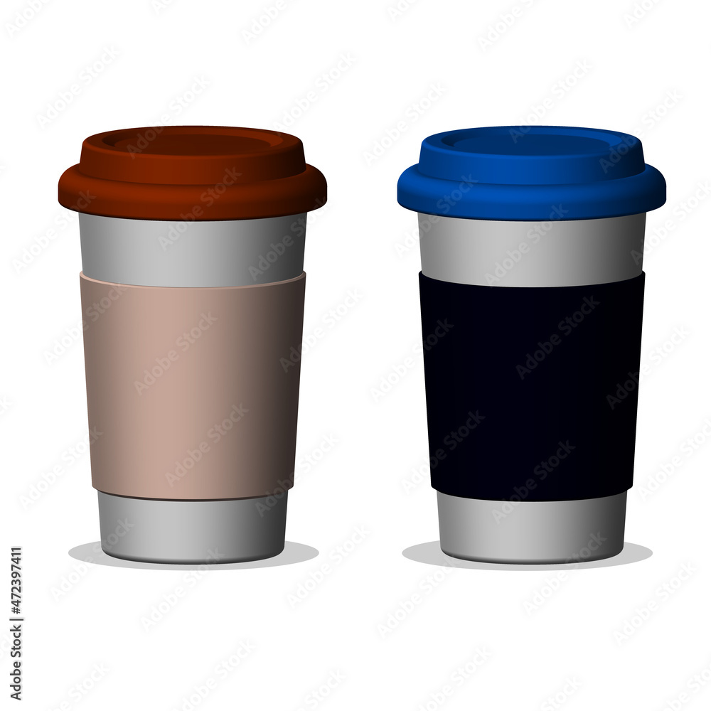 Coffee paper disposable cups with lid in 3D style. Vector illustration of glasses isolated on white background. Coffee paper disposable cups with lid in 3D style. Vector illustration of glasses isolated on white background.