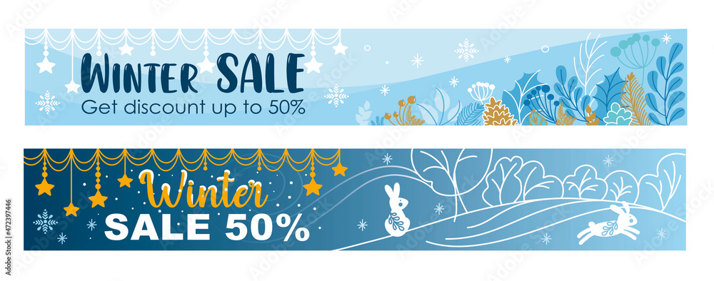 Naklejka premium Winter landscape. Background. Discounts and sales. Banner. Vector.