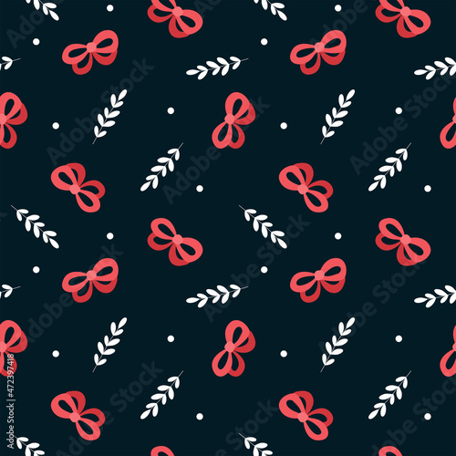 Seamless pattern with twigs and red bows on a dark background. Vector endless texture for holiday decoration