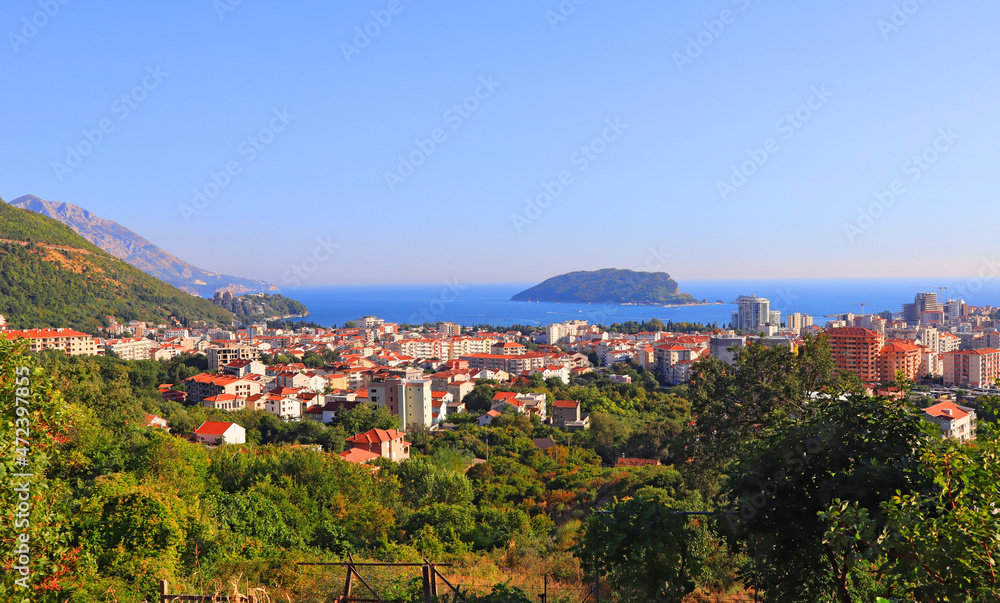 Panoramic view of the Budva Riviera and St. Nicholas Island from the observation deck in Budva, Montenegro