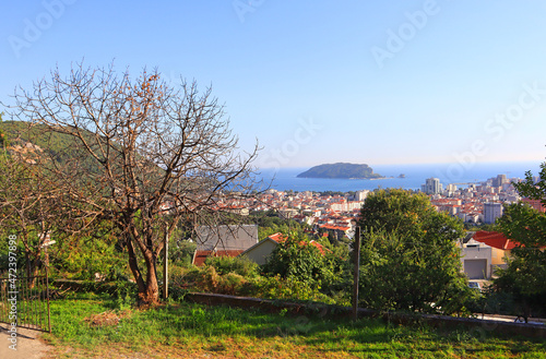 Panoramic view of the Budva Riviera and St. Nicholas Island from the observation deck in Budva  Montenegro