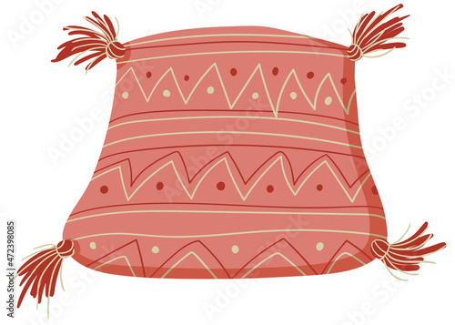 Cute simple minimalistic illustration of one red decoration pillow with tassels on corners and beige ethnic style pattern