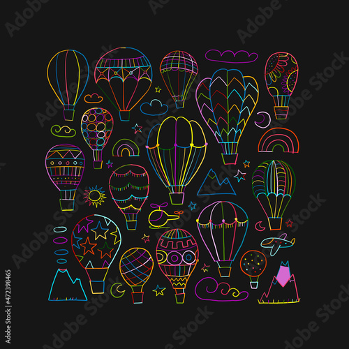 Colorful Hot Air Balloons Collection. Sketch for your design