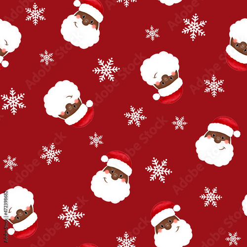 Christmas seamless pattern. Black santa and snowflaks. African American Santa. Merry christmas and happy new year.