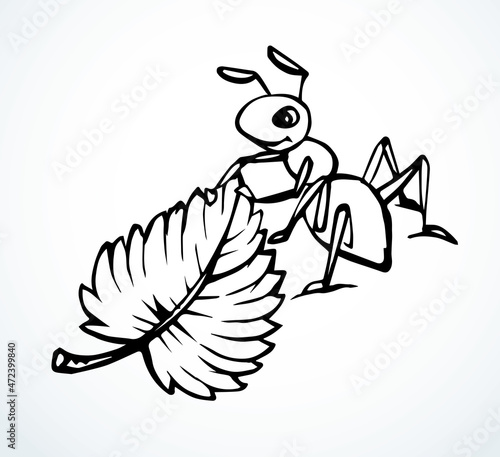 The ant is pulling a leaf. Vector drawing