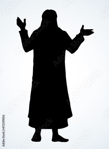 Arab with his hands up, stands with his back. Vector drawing