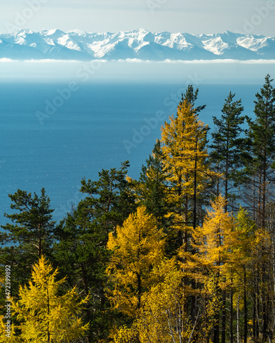 Autumn landscape with a view of Lake Baikal and the Khamar-Daban ridge