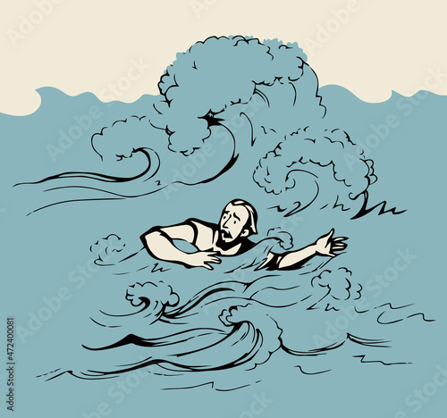 Man swims through the waves of the storm. Vector drawing
