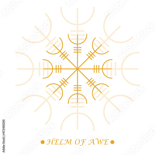 Helm of Awe or helm of terror sign. Aegishjalmur in golden color on white background. Icelandic symbol of protection and victory. Isolated pagan vector. Nordic tattoos. Vector illustration