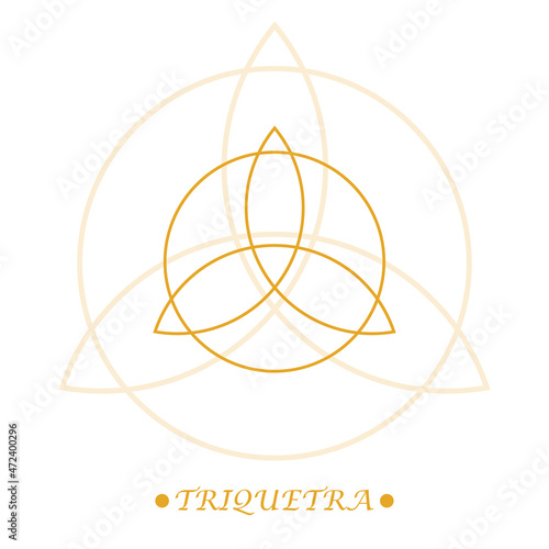 Triquetra sign, celtic knot icon. Line art. Celtic symbol of triangle in gold color on white background. Scandinavian protective amulet. Isolated pagan vector. Nordic tattoos. Vector illustration