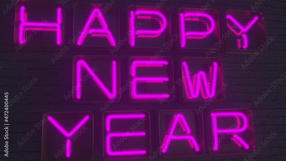 HAPPY NEW YEAR signboard made with glowing neon letters in the dark. 3D animation HAPPY NEW YEAR signboard made with glowing neon letters in the dark. 3D animation