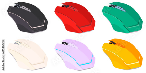Gaming mouse with function buttons. Fashionable design. Black, pearlescent, red, lello, pale green and sandy colors.