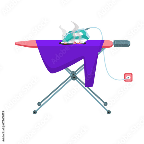 Dangerous situation with the iron. A forgotten iron burns on the ironing board. Accident, danger, fire. Burnt thing. Flat style. Isolated on a white background. Vector illustration