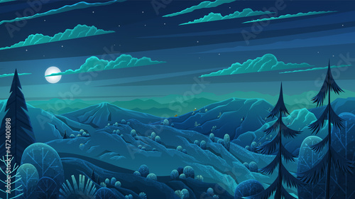 Natural night landscape background with hills dark blue sky and clouds mounds overgrown with grass, trees and bushes in forest. Beautiful unspoilt nature tourist area, summertime, adventure time