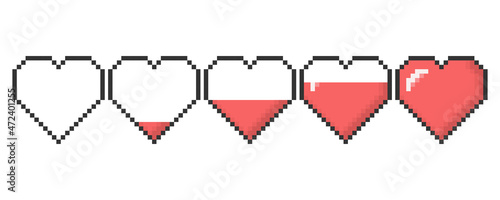 Heart icon 8 bit pixel style. Vector set of interface life health bar in old video game.