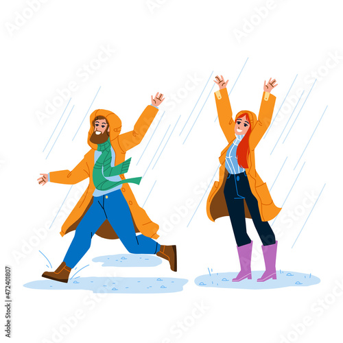 Raincoat Wearing Man And Woman In Rainy Day Vector. Happy Boy And Girl In Raincoat Clothes Running And Enjoying Rain Weather Outdoor. Characters Enjoying Outside Flat Cartoon Illustration