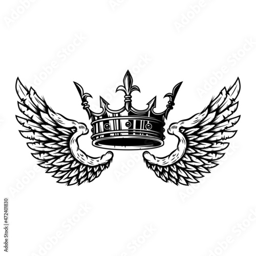 Illustration of king crown and wings in monochrome style. Design element for logo, emblem, sign, poster, t shirt. Vector illustration