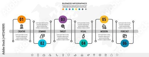 Hand-drawn vector line infographics with 6 rectangles and icons. Flat chart process template with six steps. Modern timeline for business project, presentation, web, diagram, content