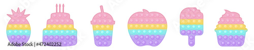 Set of birthday and food forms pop it a fashionable pastel rainbow fidget toys. Addictive anti stress toy in pastel colors. Bubble trendy popit for kids. Vector illustration isolated on a white