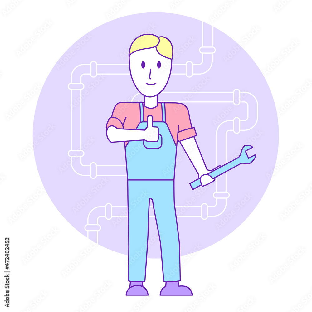 A plumber is holding a wrench in his hand and showing a thumbs up. Worker in flat style with outline on the background of water pipes.