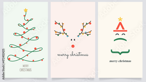 Set of christmas cards, tags, invitations. Merry Christmas greeting include Santa Clause, Christmas tree and Reindeer. Universal trendy Winter Holidays art templates. Vector backgrounds.