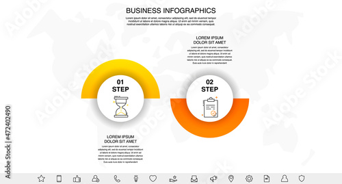 Vector flat infographic template with two circles, elements, sectors. Modern designed for business, presentations, timeline, web design, banner, levels, chart, interface 2 step diagrams